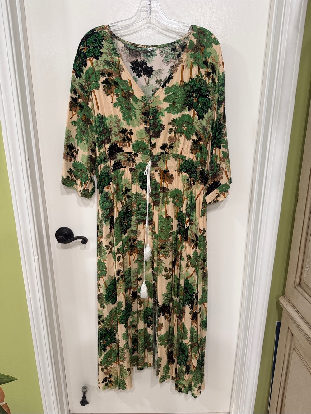 Women's Green Tree-Print V-Neck Maxi Dress with button down front